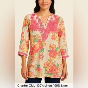 Charter Club linen embroidered floral large tunic top